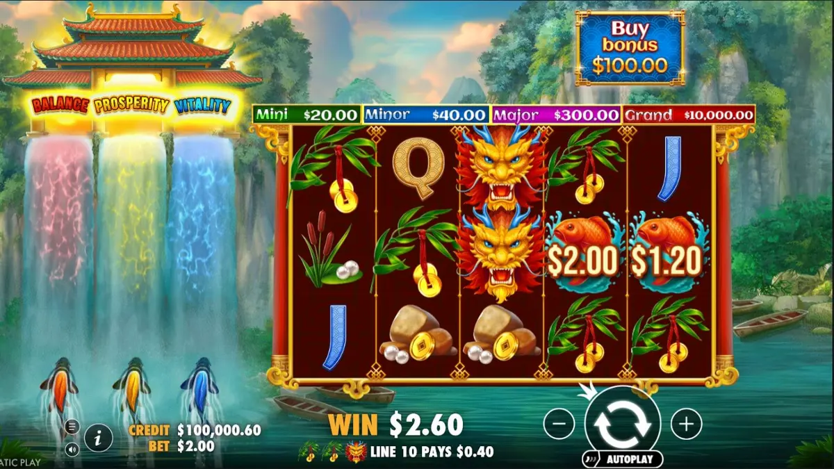 Tampilan visual slot Dragon’s Gate Bonus Choice dengan naga emas dan latar belakang pegunungan.