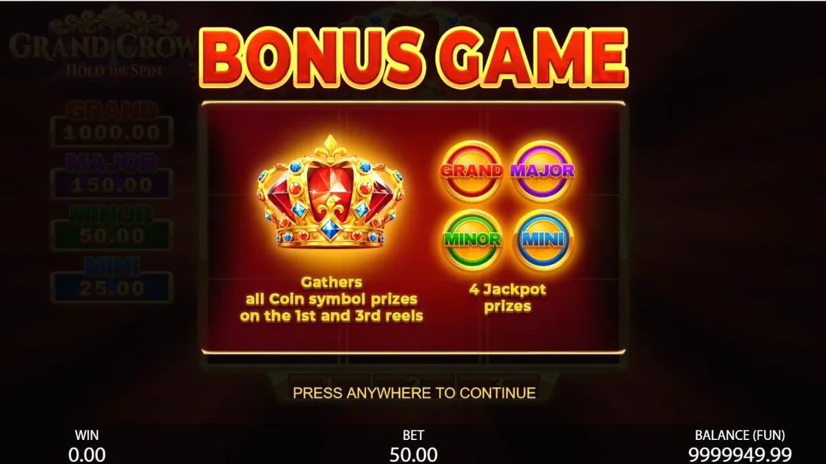 Tampilan visual slot 3x3 Grand Crown dengan simbol buah dan mahkota emas